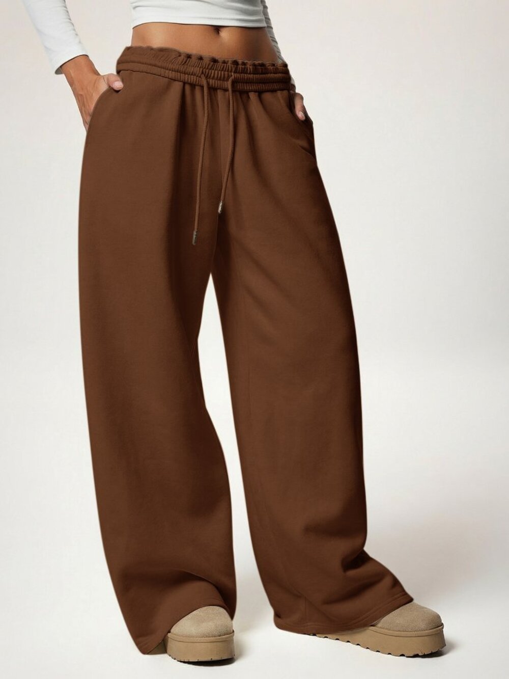 Coffee Brown Casual Women's Loose Wide Low Waist Drawstring Pocket Sweatpants